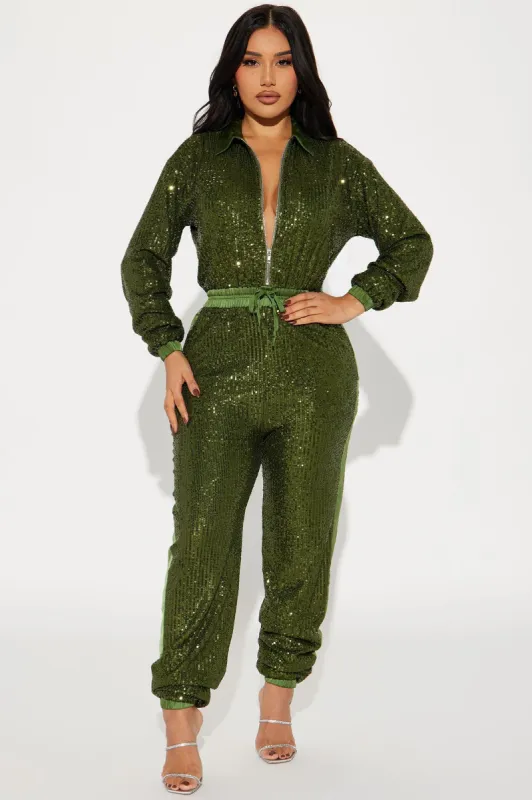 Only Your Sparkle Sequin Jumpsuit - Olive sold by Fashion Nova