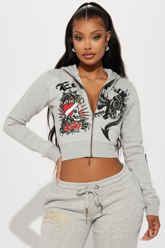 Heart Of Roses Ed Hardy Zip Front Hoodie - Heather Grey sold by Fashion Nova