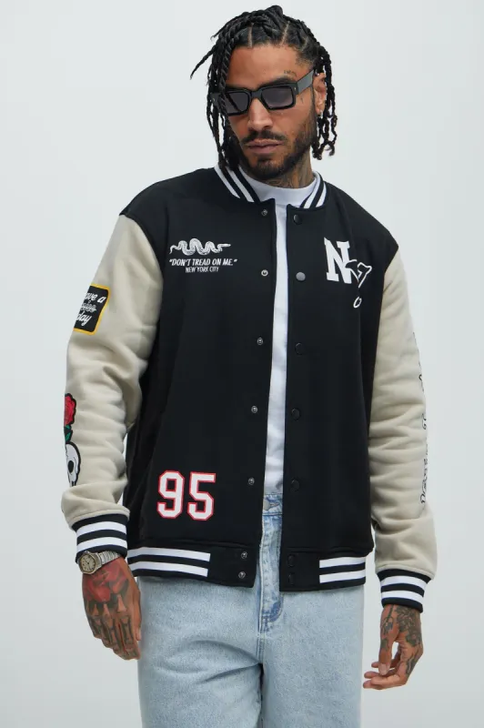 New York Circle Varsity Jacket - Black sold by Fashion Nova