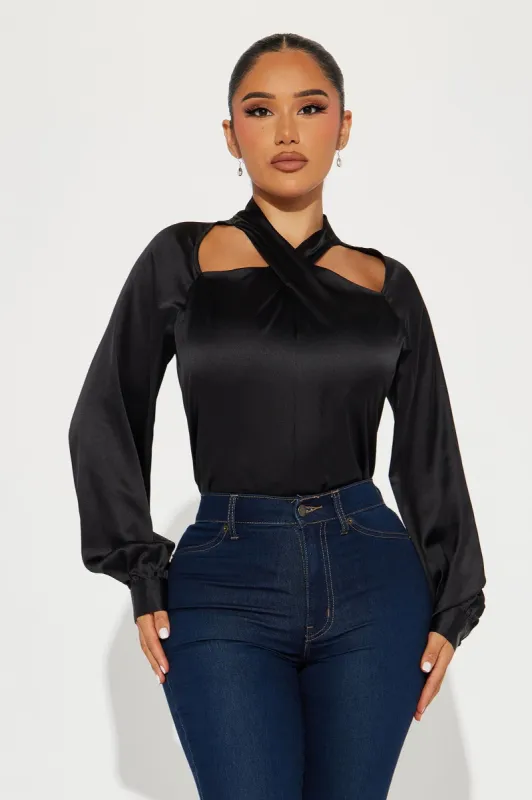I Am The Gift Satin Blouse - Black sold by Fashion Nova