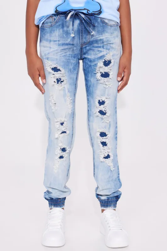 Mini Acid Wash Distressed Denim Joggers - Acid Wash Blue sold by Fashion Nova