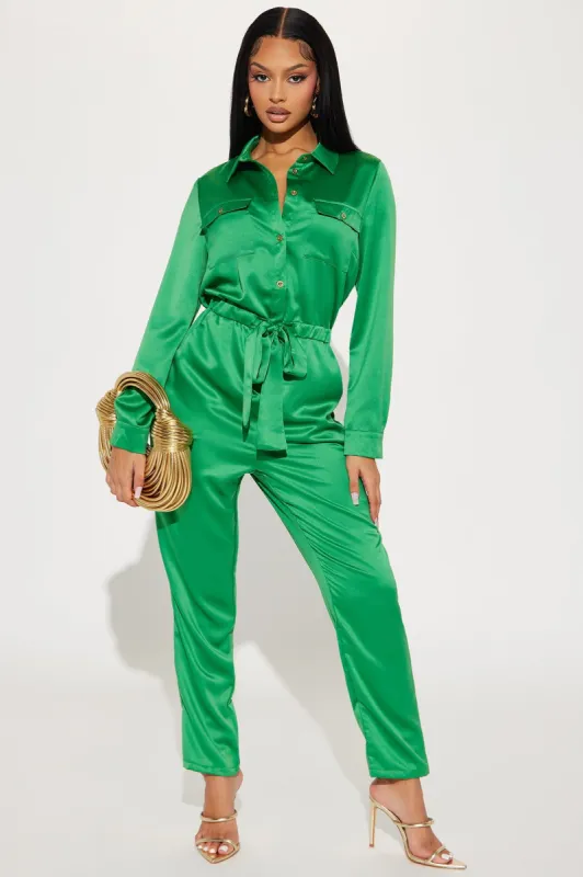 Street Jams Satin Jumpsuit  - Emerald sold by Fashion Nova