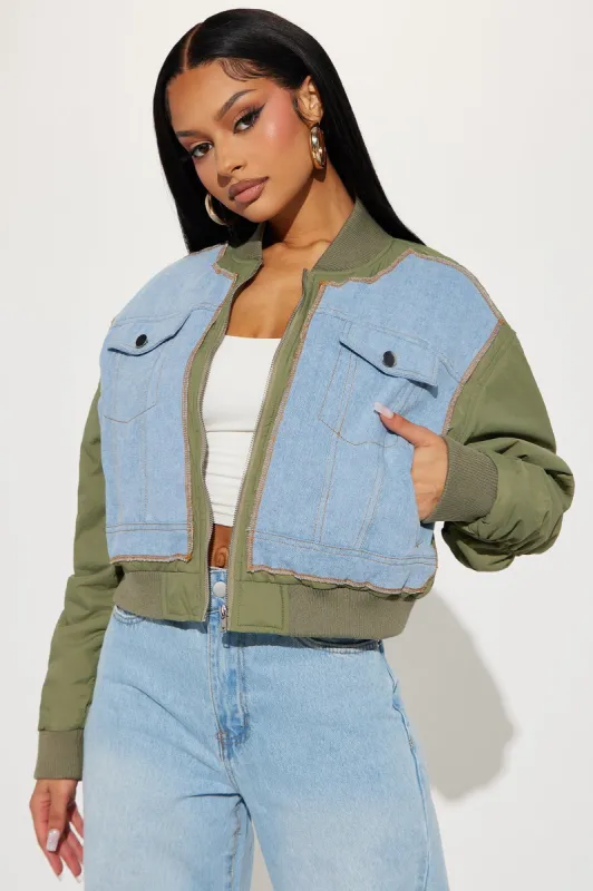 Gianna Bomber Jacket - Olive/combo sold by Fashion Nova
