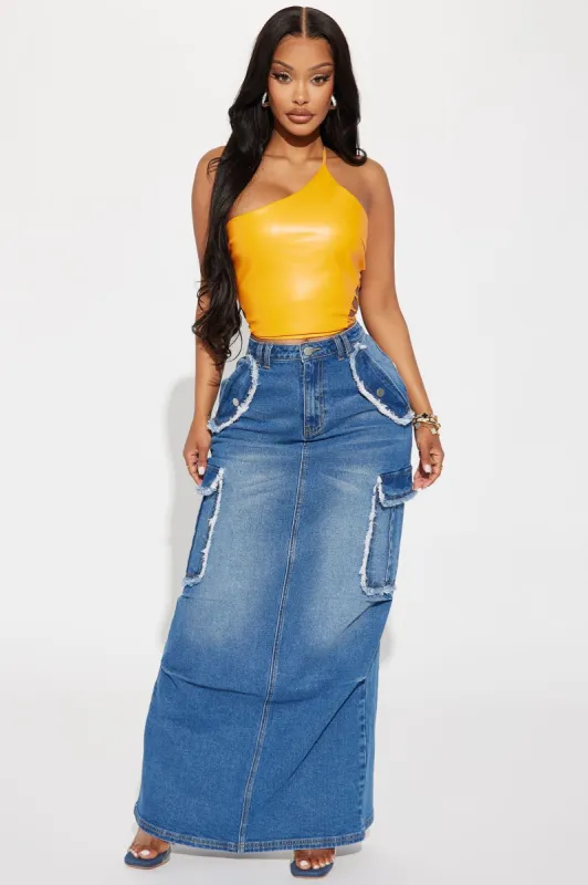Holla Back Denim Maxi Skirt - Dark Wash sold by Fashion Nova