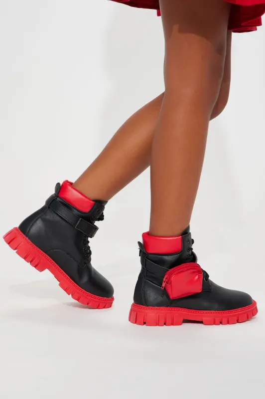 Mini Listen Up Combat Boots - Black/Red sold by Fashion Nova