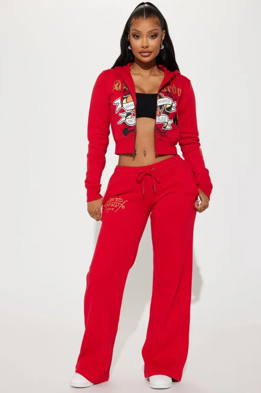 Broken Hearts Ed Hardy Wide Leg Pant - Red sold by Fashion Nova