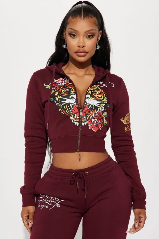 Retro Tiger Ed Hardy Zip Front Hoodie - Burgundy sold by Fashion Nova