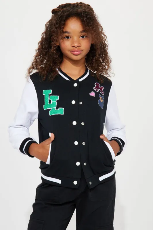 Mini Lay Lay Chenille Patch Front/Back Varsity Jacket - Black sold by Fashion Nova