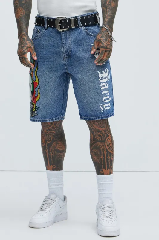 Ed Hardy Fire Cobra Denim Shorts - Medium Blue Wash sold by Fashion Nova