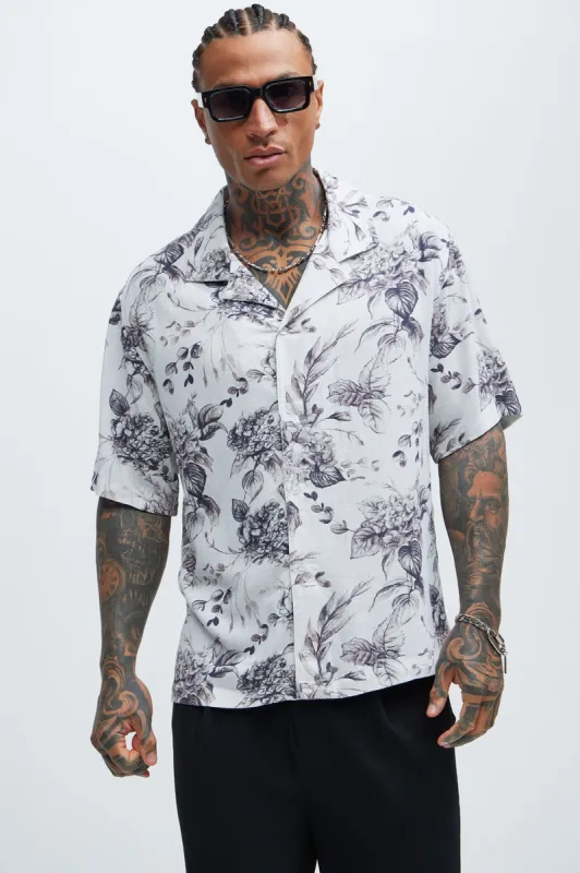 Landing Linen Shirt - White/combo sold by Fashion Nova