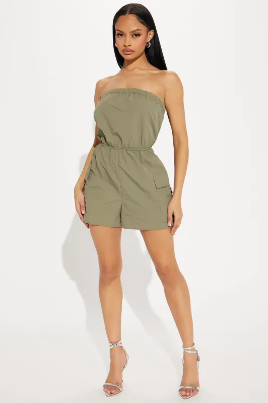 True To Self Cargo Romper - Olive sold by Fashion Nova