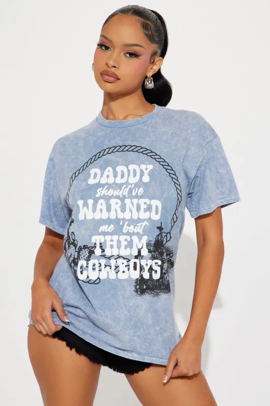 Warned Me About Cowboys Washed Tee - Slate Blue sold by Fashion Nova