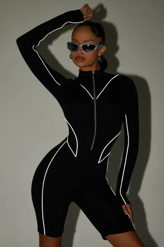 Hope You Know Reflective Romper - Black sold by Fashion Nova
