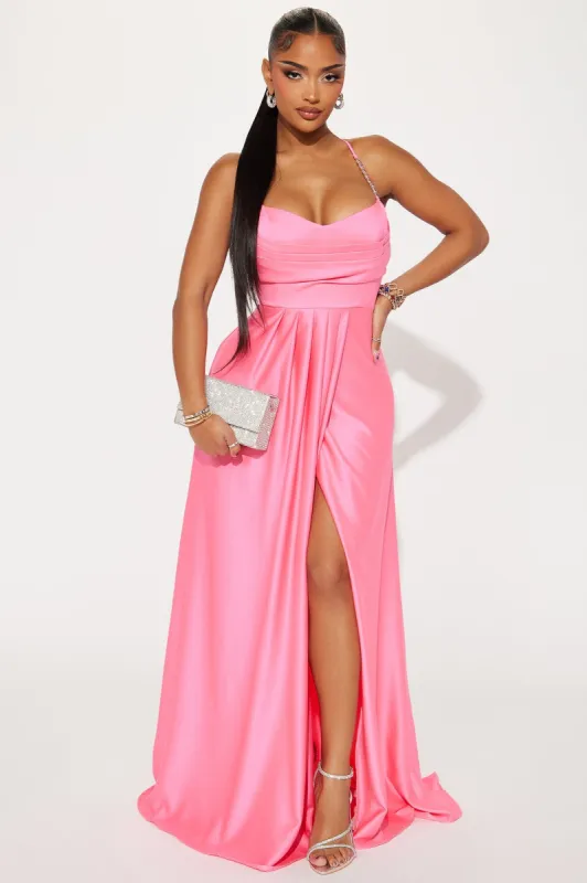 Radiant Rhinestone Satin Gown - Hot Pink sold by Fashion Nova