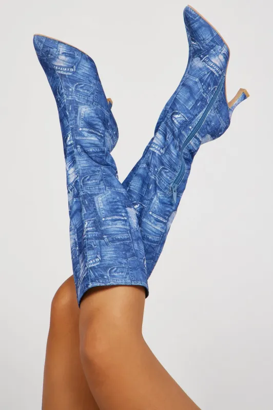 Just So You Know Knee High Heeled Boots - Denim sold by Fashion Nova