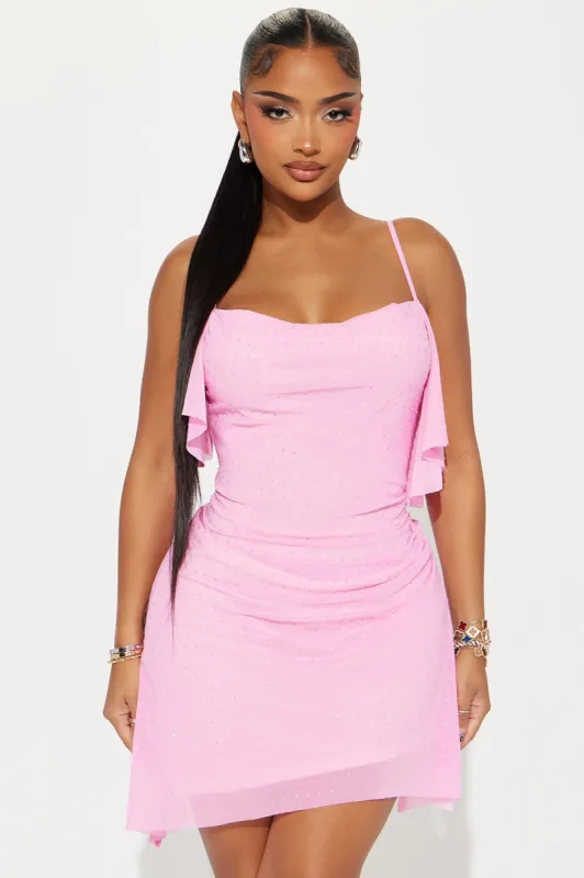 Rue Rhinestone Mesh Mini Dress - Pink sold by Fashion Nova