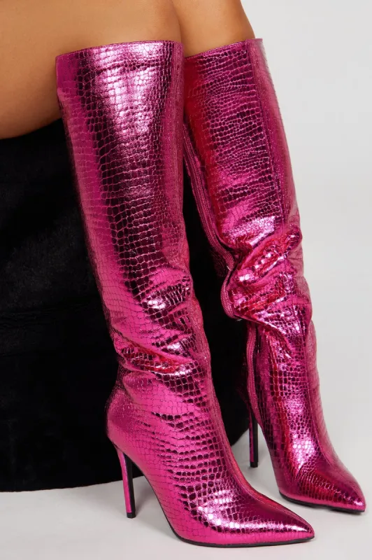 Starships Knee High Heeled Boots - Fuchsia sold by Fashion Nova