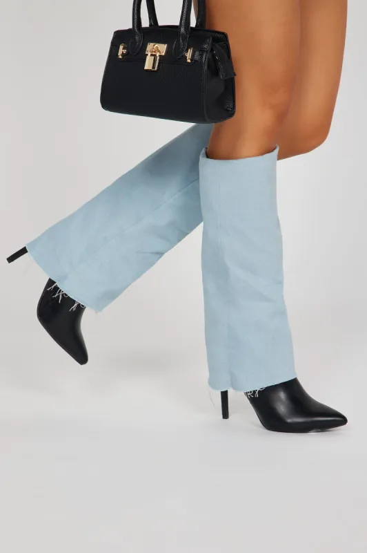Make It Easy Knee High Heeled Boots - Denim sold by Fashion Nova