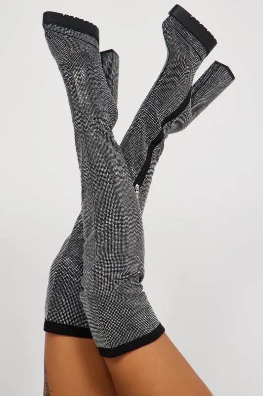 Deserae Embellished Over The Knee Boots - Black sold by Fashion Nova
