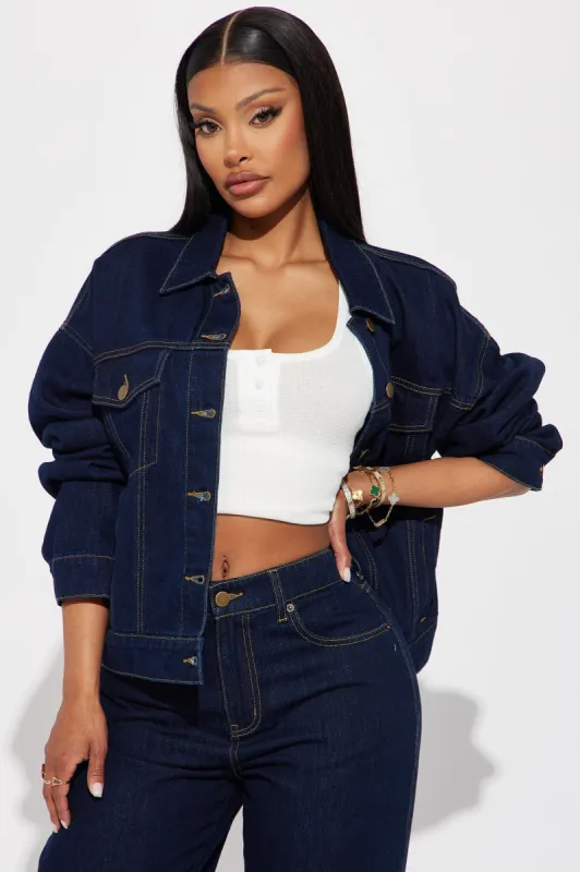 This Just In Denim Trucker Jacket - Dark Wash sold by Fashion Nova