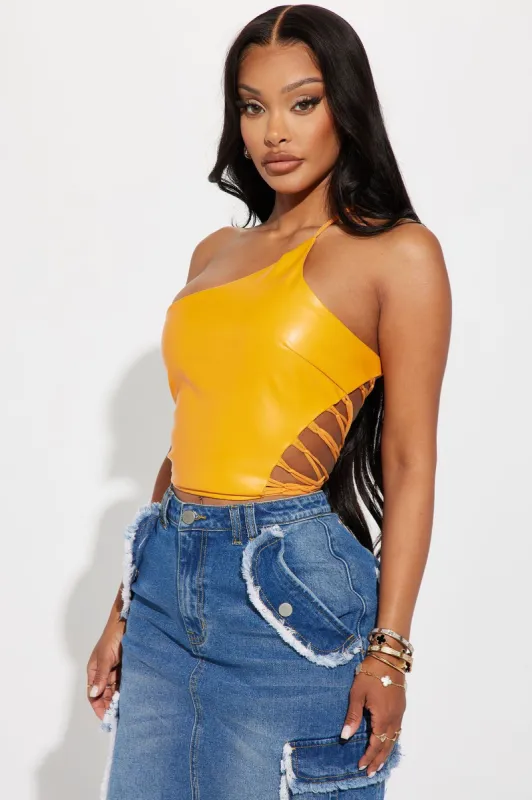 Wrapped Up One Shoulder PU Top - Orange sold by Fashion Nova