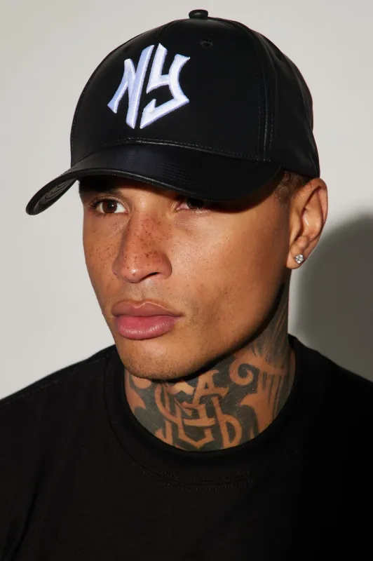 NY Faux Leather Snapback Hat - Black sold by Fashion Nova
