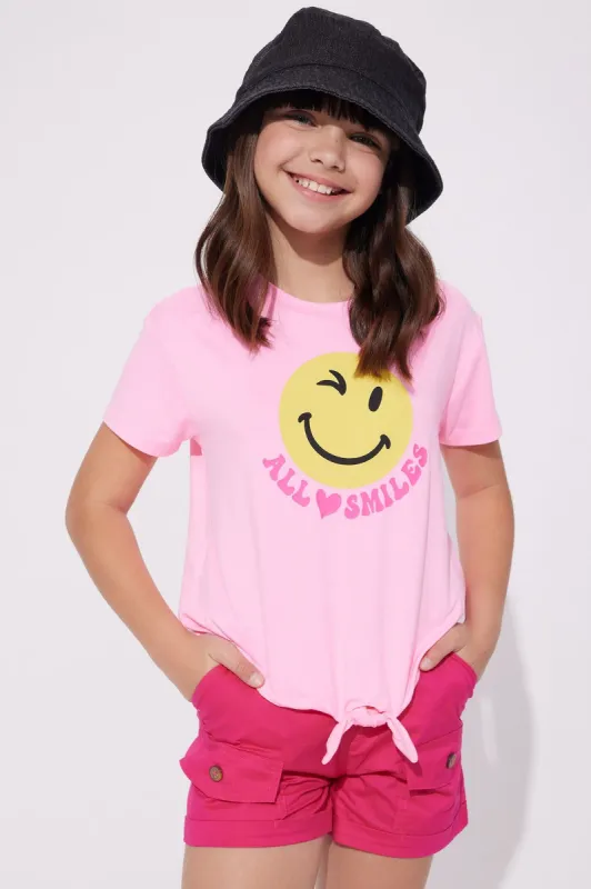 Mini All Smiles Tie Front Tee - Pink sold by Fashion Nova