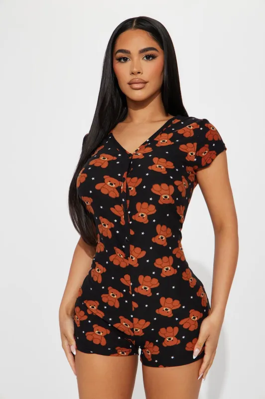 Teddy Time PJ Romper Onesie - Black/Brown sold by Fashion Nova