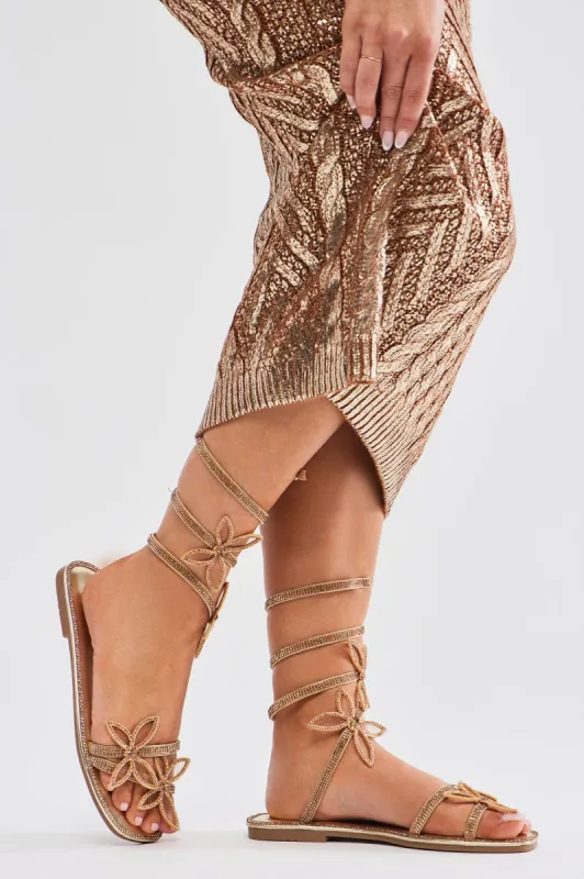 Oh So Heavenly Embellished Wrap Up Flat Sandals - Gold sold by Fashion Nova