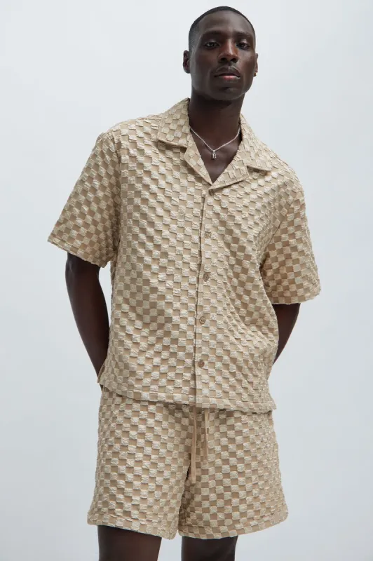 Crinkled Checkers Shirt - Tan sold by Fashion Nova