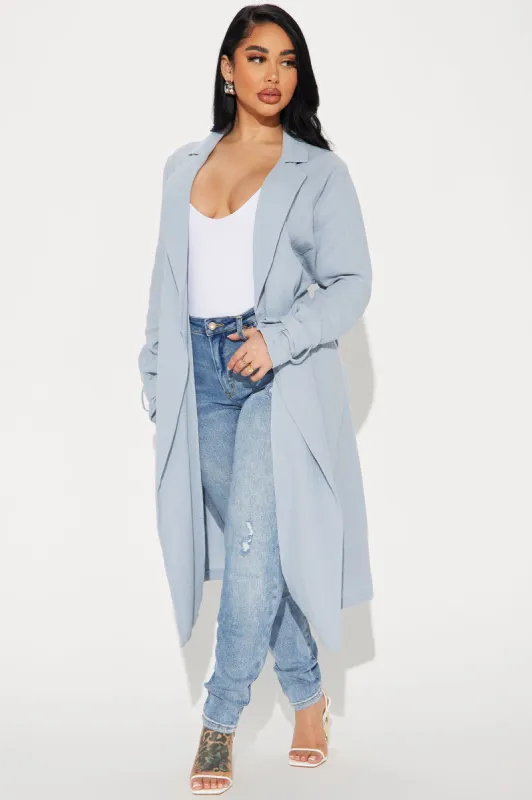 Take Me On A Vacay Linen Trench - Slate Blue sold by Fashion Nova