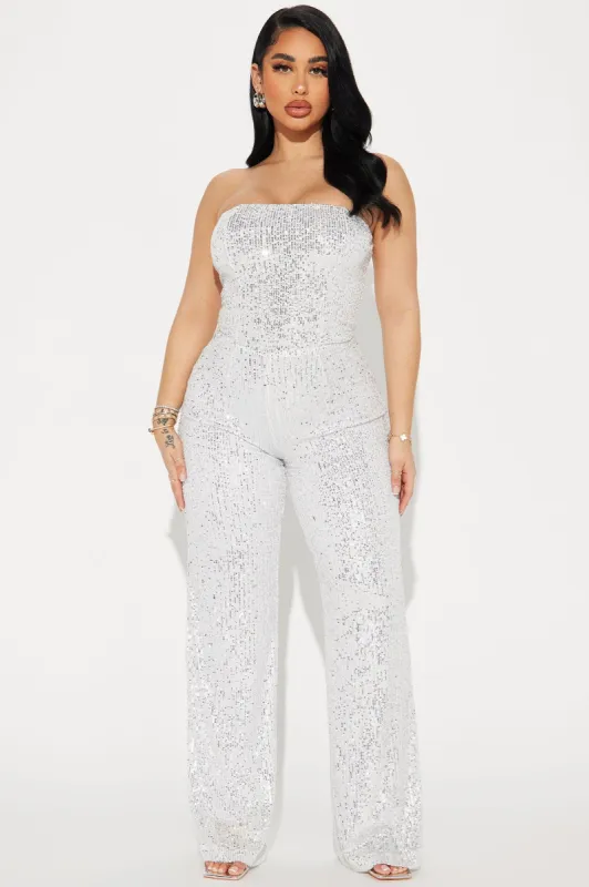 Lets Sparkle On Sequin Jumpsuit - Silver sold by Fashion Nova