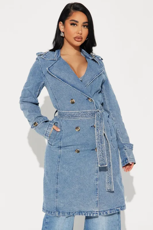 Take You There Denim Trench - Medium Blue Wash sold by Fashion Nova
