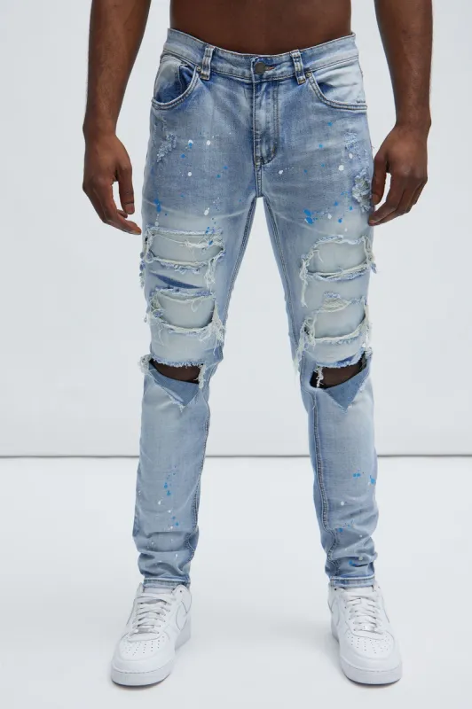 Paint It Splat Ripped Skinny Jeans - Medium Wash sold by Fashion Nova