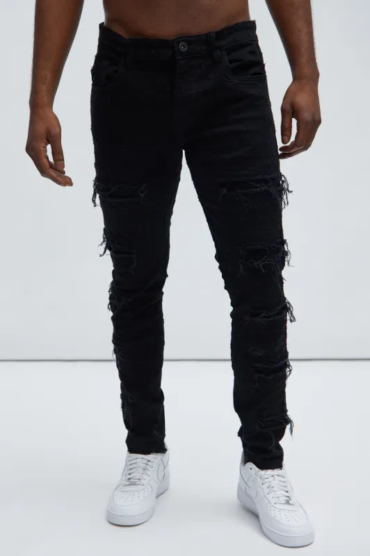 With Me Distressed Jacquard Skinny Jeans - Black sold by Fashion Nova