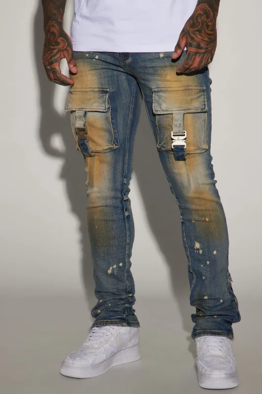 Buckle Strap Cargo Stacked Skinny Flare Jeans - Vintage Wash sold by Fashion Nova
