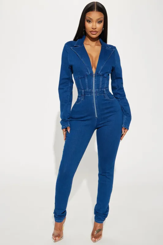 Bring The Energy Denim Jumpsuit - Dark Wash sold by Fashion Nova
