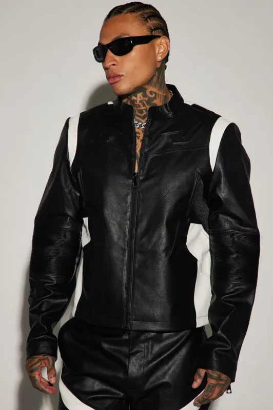 Dakota Faux Leather Moto Jacket - Black/combo sold by Fashion Nova