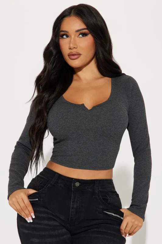 Agnus Long Sleeve Crop Top - Charcoal sold by Fashion Nova