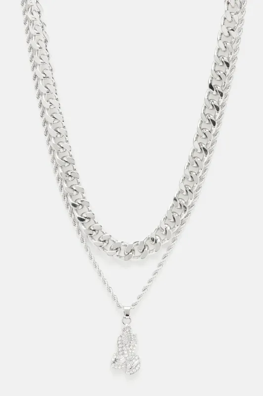 Praying Hands 2 Piece Chain Necklace - Silver sold by Fashion Nova