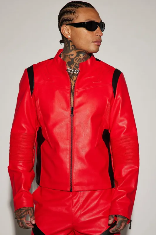 Dakota Faux Leather Moto Jacket - Red/combo sold by Fashion Nova
