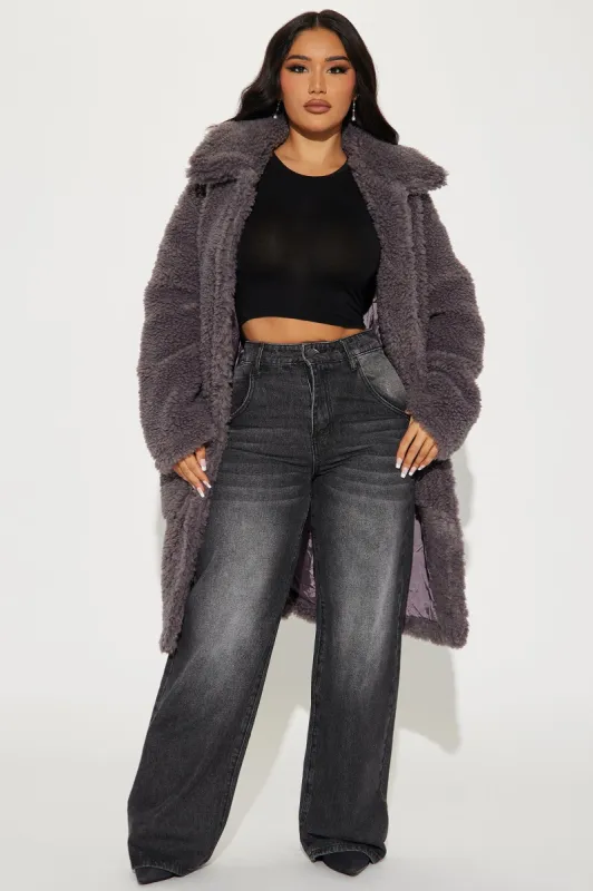 Cold Babe Faux Sherpa Coat - Charcoal sold by Fashion Nova