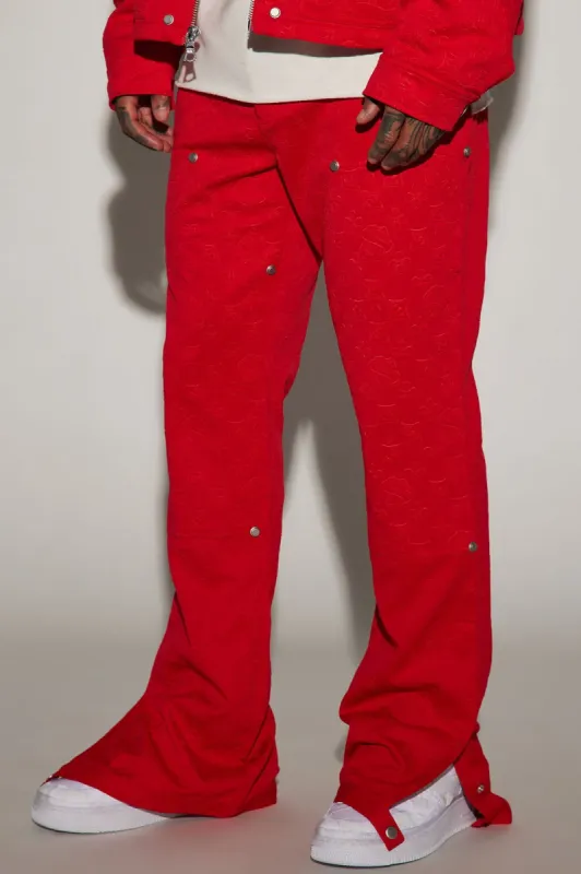 Luxe Monogram Relaxed Carpenter Flare Pants - Red sold by Fashion Nova
