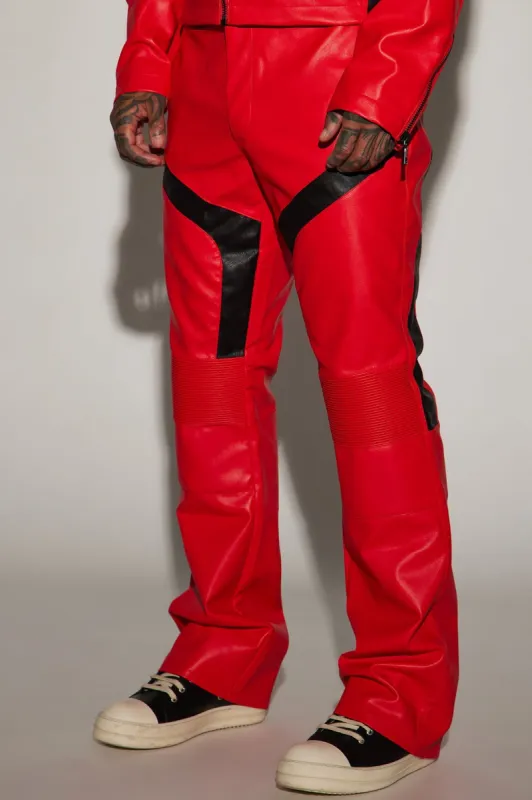 Dakota Faux Leather Moto Pants - Red/combo sold by Fashion Nova