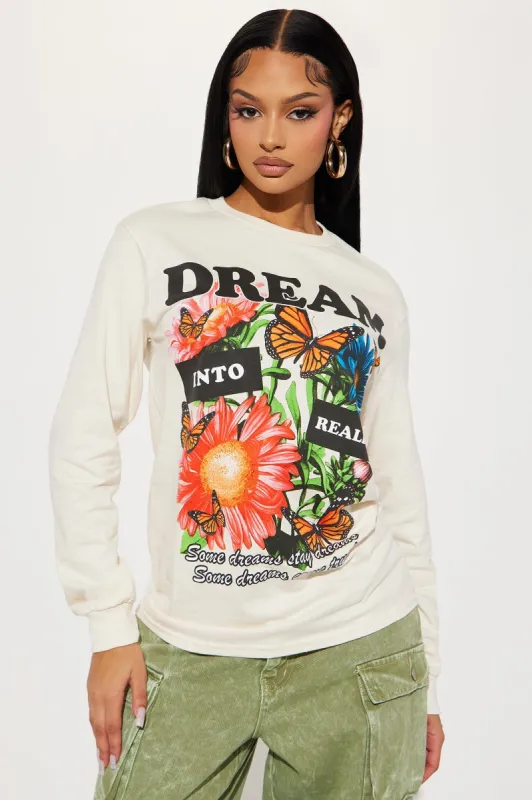 Dream Into Reality Long Sleeve Tee - Natural/Combo sold by Fashion Nova