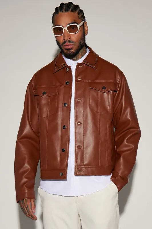 Faux Leather Studded Collar Trucker Jacket - Brown sold by Fashion Nova