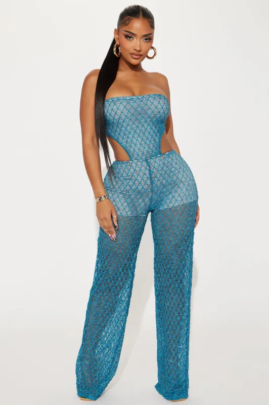 Cancun Life Crochet Jumpsuit - Teal sold by Fashion Nova