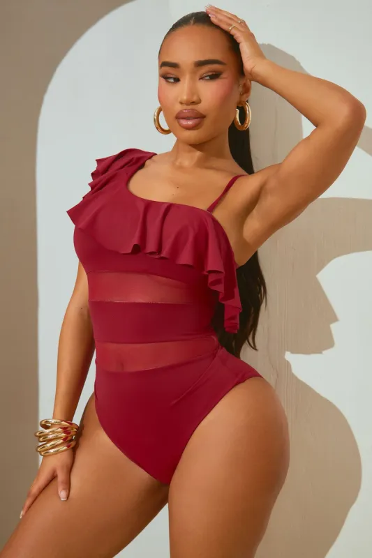 Gracelynn Ruffle Mesh 1 Piece Swimsuit - Red sold by Fashion Nova