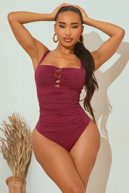 Noah Ruched 1 Piece Swimsuit - Burgundy sold by Fashion Nova