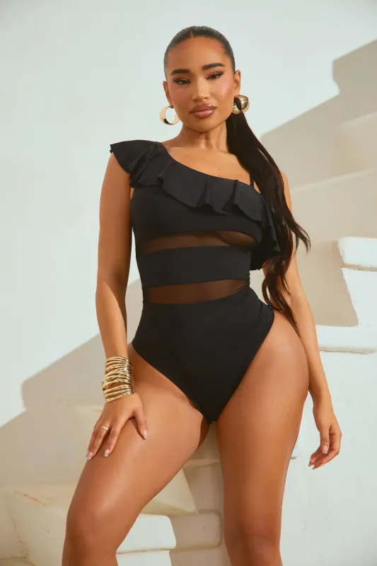 Gracelynn Ruffle Mesh 1 Piece Swimsuit - Black sold by Fashion Nova